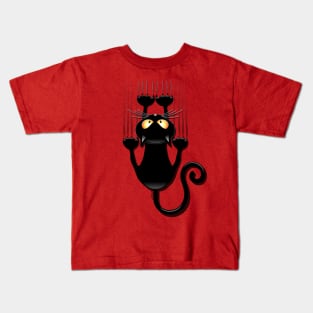 Black Cat Cartoon Scratching Wall Kids T-Shirt